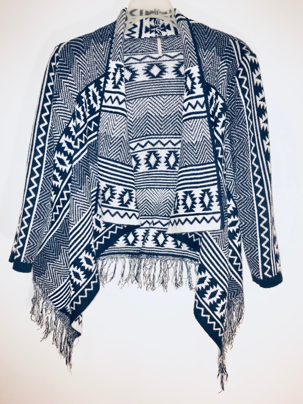 Poof Girls Blue White Aztec Zig Zag Fringe Waterfall Cardigan Sweater Sz M 10/12